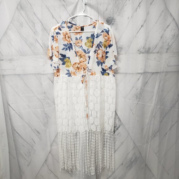 Shein Floral Lace Fringe Kimono Tie Cottage Core Boho Blouse Size 1XL - Picture 10 of 14